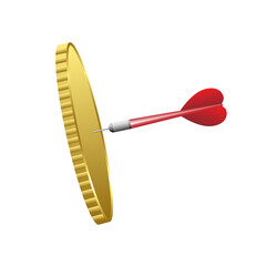 Dart hit to center. Arrow on red in gold coin. Marketing time concept. Business financial growth planning. Vector Illustrations