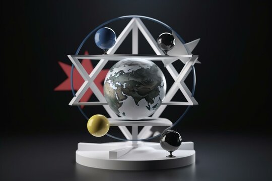 Balancing geometric figures with state symbols of superpowers for geopolitical themes. 3D rendering. Generative AI