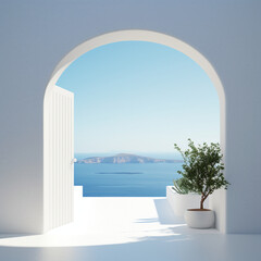 Obraz na płótnie Canvas minimalism arch gate view to the sea beach living santorini island style, AI generator