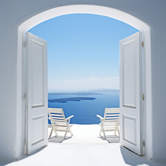 minimalism arch gate view to the sea beach living santorini island style, 
AI generator