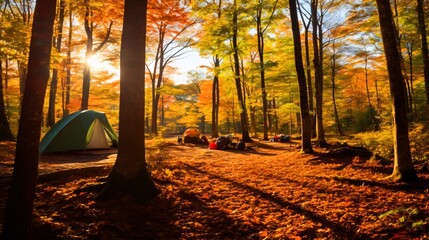 秋のキャンプ、紅葉する林の中にあるテントの風景