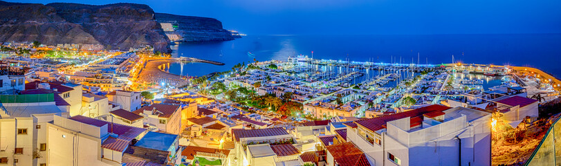 Night View of Picturesque Landscape with Puerto De Mogan and Beach on Gran Canaria in Spain.