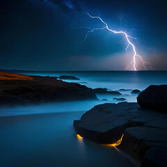 Bright lightning strike during a thunderstorm in the twilight stormy sky over the water of the lake. Generative AI