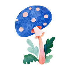 Watercolor illustration. Blue cartoon mushroom Amanita, psychedelic colors