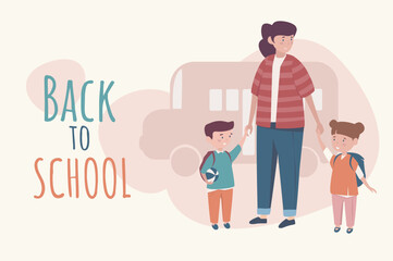 Back to school poster template in flat design. Banner layout with happy mother holding her children hand and going to class together. Mom with elementary pupils standing by bus. Vector illustration.