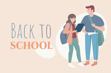 Back to school poster template in flat design. Banner layout with happy teens girl and boy with backpacks standing together. Classmate students going to lessons and learning. Vector illustration.