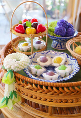 Set of Colorful Thai Traditional Sweets Mainly Made of Coconut Milk and Sweetened Mung Beans