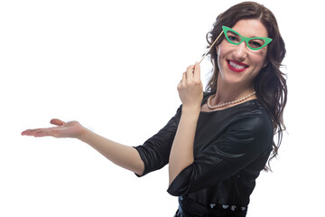 Portrait of Positive Smiling Caucasian Brunette Woman With Green Artistic Spectacles In Front Of Face Over White.