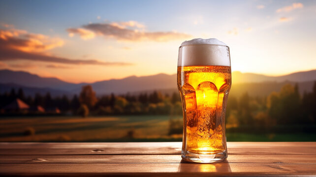 A mug full of beer and foam on a wooden table against a background of sunset scene in the mountains. Image created by Generative AI