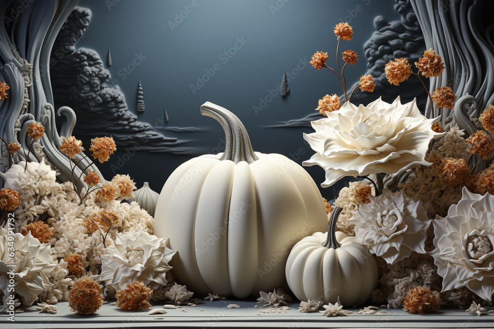 Poster pumpkin. autumn black and white composition with pumpkin and copy space. generative ai technology.