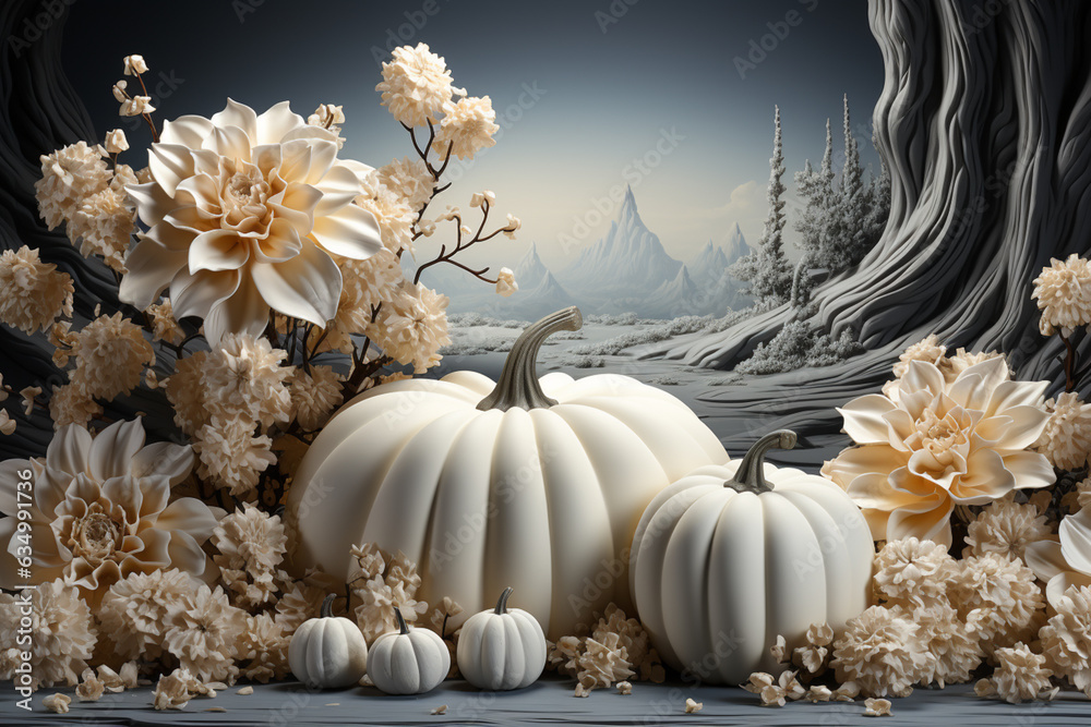 Poster pumpkin. autumn black and white composition with pumpkin and copy space. generative ai technology.