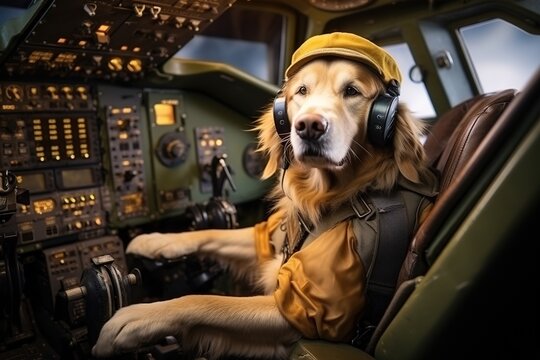 excited golden retriever dog dressed as a pilot sitting in a cockpit, flying a plane -  funny humorous airplane travel dog pet meme