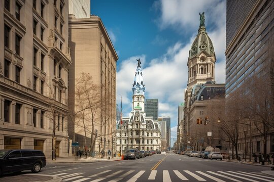 An artistic scene of Philadelphia's City Hall, Masonic Temple, and Arch Street United Methodist Church with architecture, buildings and tourists. Generative AI
