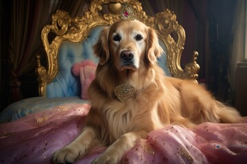 bored Golden retriever dog in a child's bedroom, dressed like a princess, funny humorous dog disguise dress up pet meme