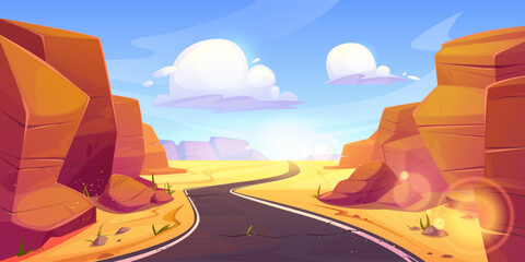 Fototapeta na wymiar Desert road among canyon cartoon vector illustration. Empty highway surrounded by sand and rock mountains with clouds in sky. Sunny landscape of western scene with valley with route for trip.