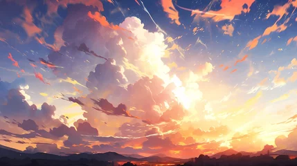 Foto auf Acrylglas Lachsfarbe 秋の空、入道雲が発生する夕暮れ時の秋空のアニメ風イラスト