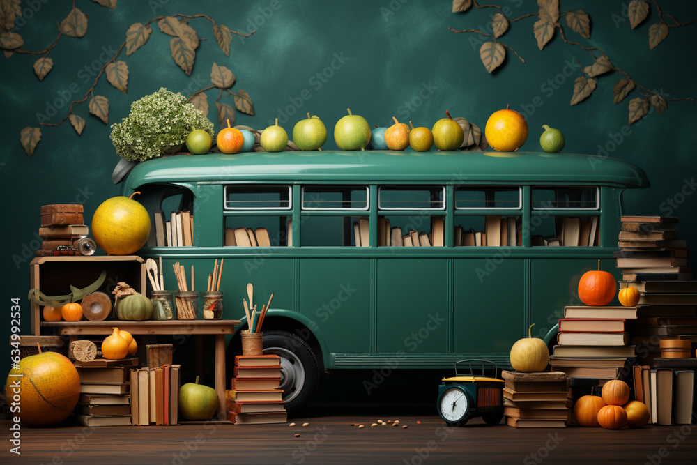Poster Back to school banner. Funny School bus with books and accessory in front of green chalkboard with copy space.  Generative AI technology.
