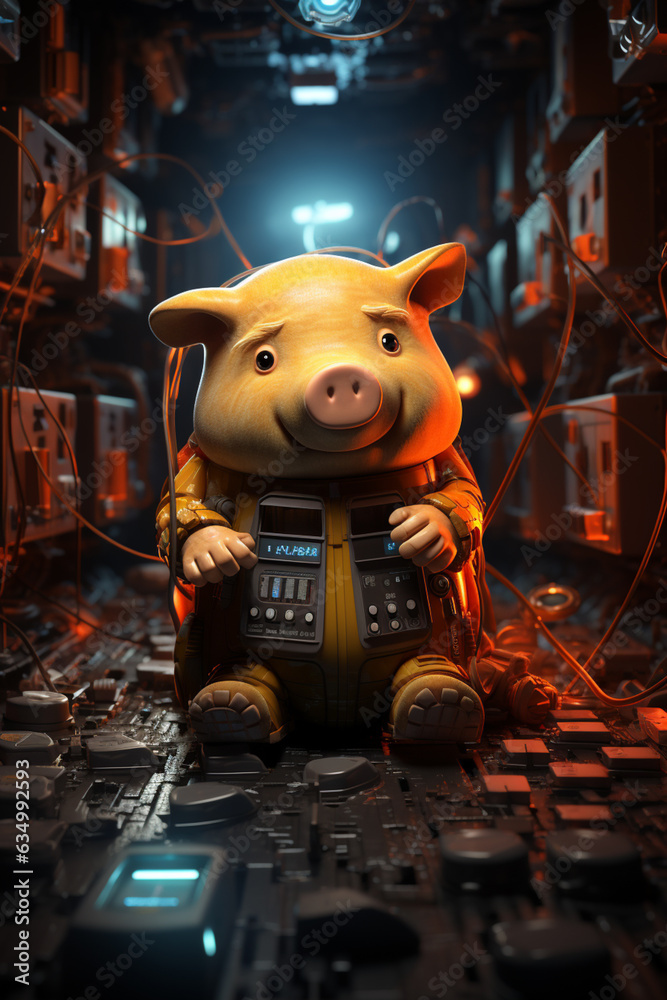 Poster piggy bank plugged into electrical outlet. power saving concept background. generative ai technology