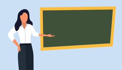 teacher at blackboard. female cartoon teacher character showing on board, classroom background. vector cartoon concept minimalistic illustration.