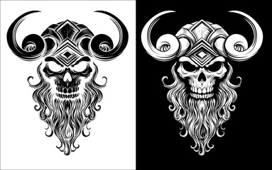 A Viking skull skeleton warrior or barbarian gladiator man mascot face looking strong wearing a helmet. In a retro vintage woodcut style.