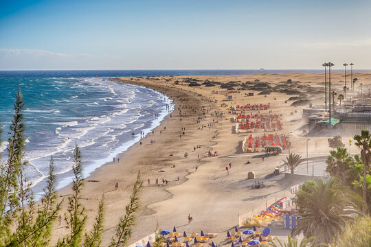 Canary islands Concepts. View of Playa del Ingles Beach in Maspalomas Located in Gran Canaria with Sand Storm