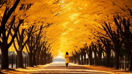 黄色く紅葉するイチョウ並木を歩く女性、秋の風景