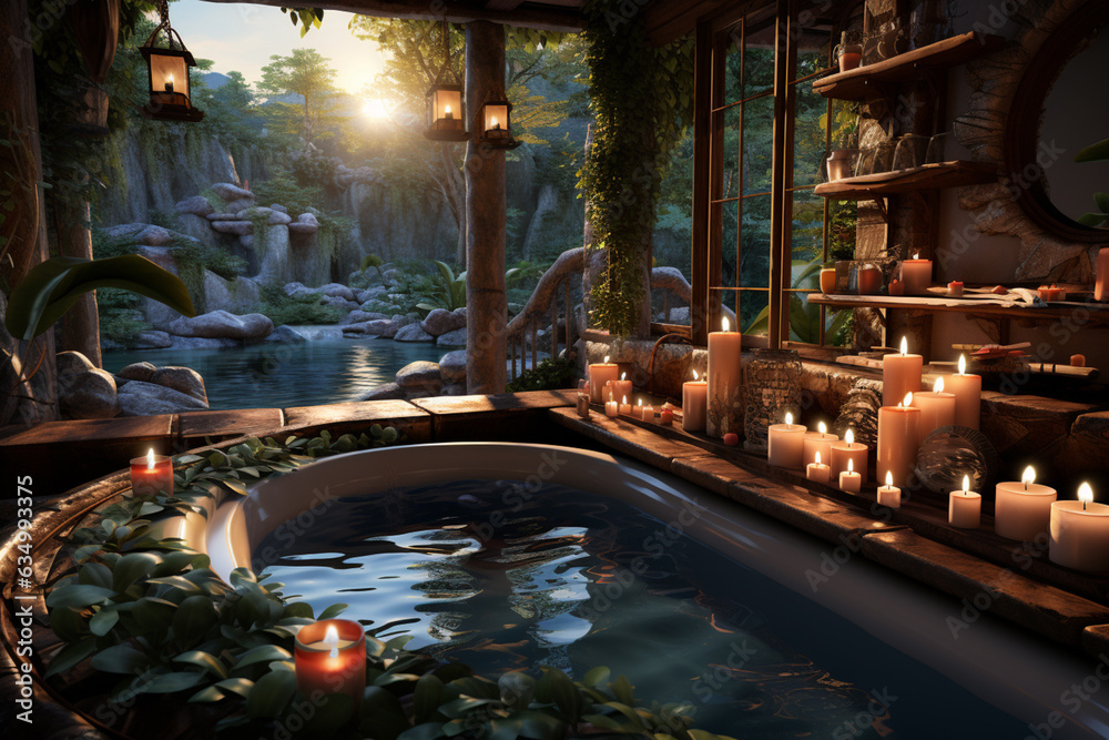 Poster a tranquil spa setting with candles and soothing colors, evoking relaxation and self-care. generativ