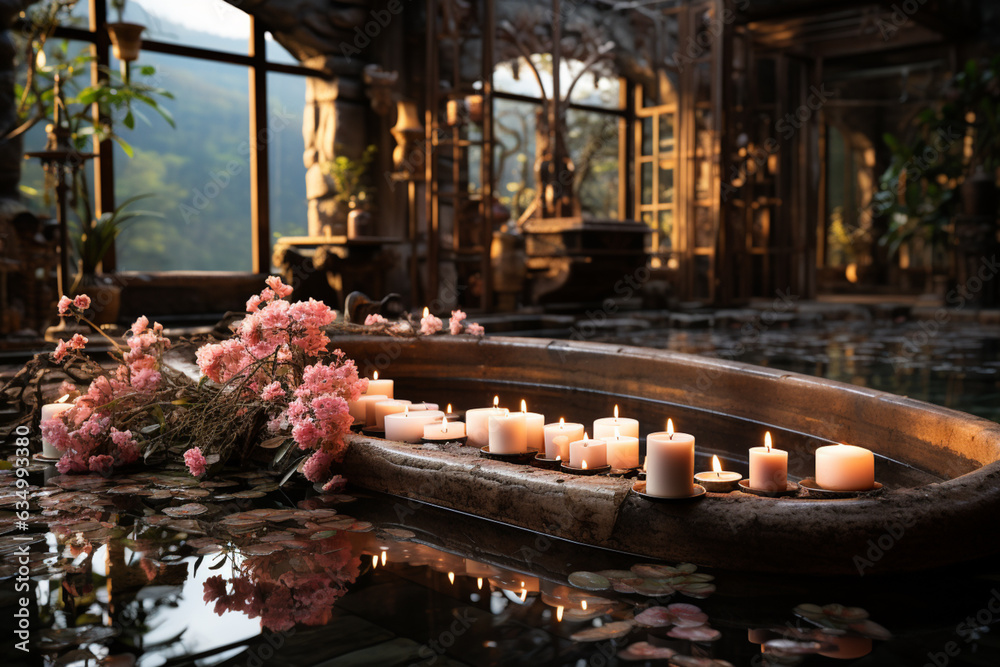 Poster a tranquil spa setting with candles and soothing colors, evoking relaxation and self-care. generativ
