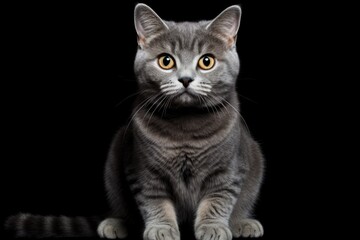 Fototapeta na wymiar A Gray Cat Sitting On Top Of A Black Floor