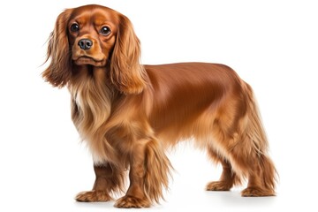 English Toy Spaniel Dog Stands On A White Background