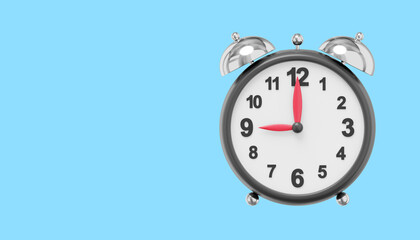 Realistic vintage alarm clock. 3D rendering. Icon on blue background, space for text.