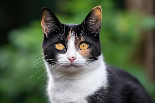 A Black And White Cat With Yellow Eyes