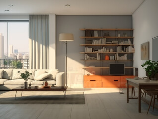 apartment white interior background with sunrise in the window parquet floor for interior design decoration