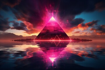 3d render, abstract fantasy background. Unique futuristic wallpaper with triangular geometric shape glowing with pink red neon light