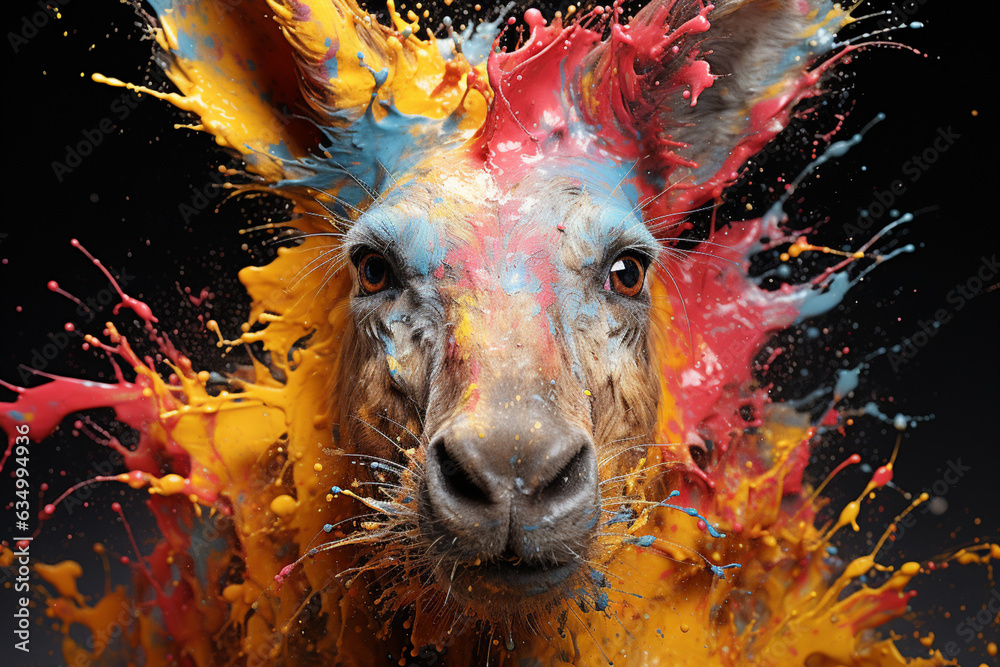 Poster an abstract surreal photograph of a donkey splashed in bright paint, contemporary colors and mood so