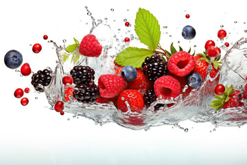 Fresh berries falling into water with splash, isolated on white background.