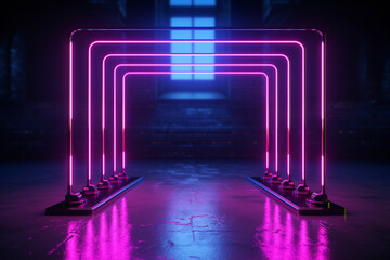 A blank frame within radiant neon lights, set against 3D geometric splendor. Generative AI