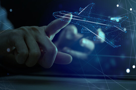 International travel and online booking concept with laptop on digital screen background with plane symbols connected by dotted lines