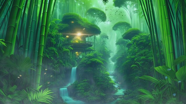 Green tropical forest with bamboo and fantasy house. Cartoon or anime illustration style. seamless looping 4K time-lapse virtual video animation background.