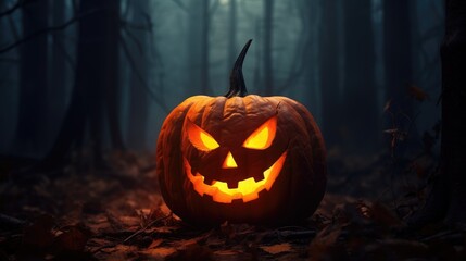 Close up of a carved pumpkin with a scary face glowing in a dark forest