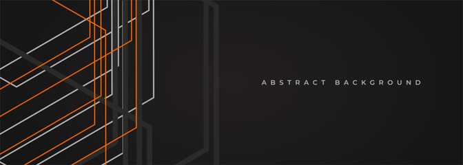 Black abstract modern background with gray and orange geometric lines and outlines. Wide vector illustration