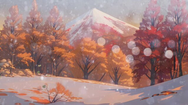 landscape with trees and snow. Cartoon or anime illustration style. seamless looping 4K time-lapse virtual video animation background.