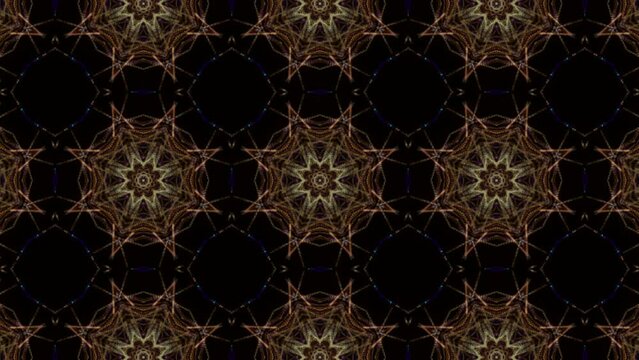 Yellow floral abstract kaleidoscope effect. Geometric repeating mirrored pattern of small dots. Looped animation.