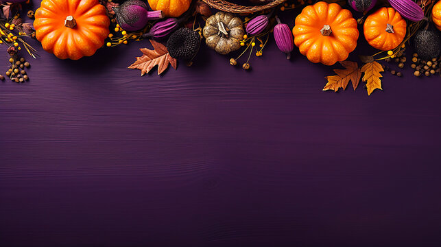 3D style pumpkins and autumn fruits on purple background