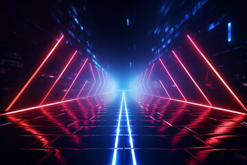Neon arrow guides through infinite dimensions, a luminous path of perspective. Generative AI