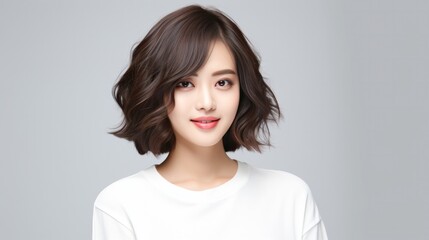 Asian women hair model, bob cut hair style on white background. - obrazy, fototapety, plakaty