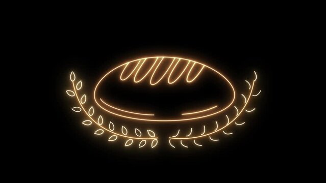 Flashing bread bun icon neon light perfect for bakery shop banner motion on brick wall background.