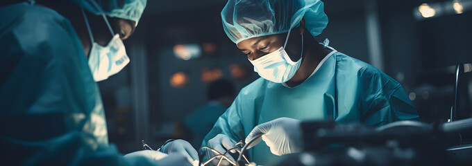 Surgeon in mask perform their duties at a hospital, with a blurred background. This scene highlights their dedication and expertise in providing medical care. 