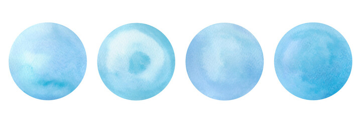 A set of watercolor blue circles, isolated spots on a white background. Hand-drawn. The texture of watercolor on paper. An element for design and decoration.