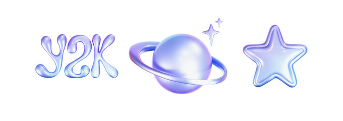 3d holographic stars and planets set in y2k, futuristic style on white background. Render 3d cyber chrome galaxy emoji with falling star, planet, bling, sparks. 3d vector y2k illustration